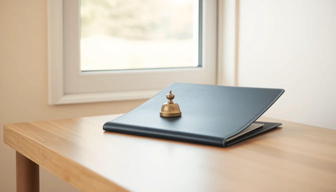 A closed navy leather document folder with a small brass bell on an oak desk by a window, illustrating the decision on US tax on a UK pension lump sum