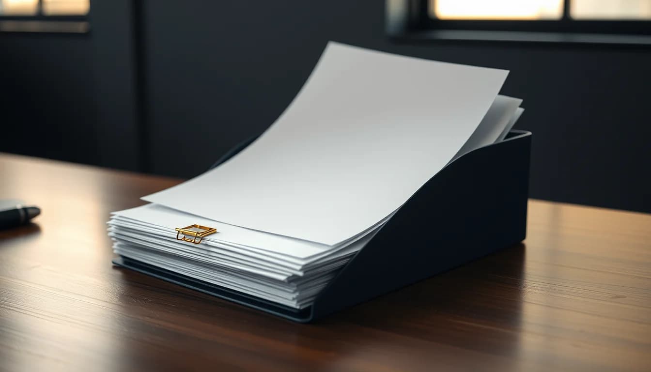 A stack of papers held with a brass clip in a navy desk tray, for a US/UK cross border tax preparation checklist
