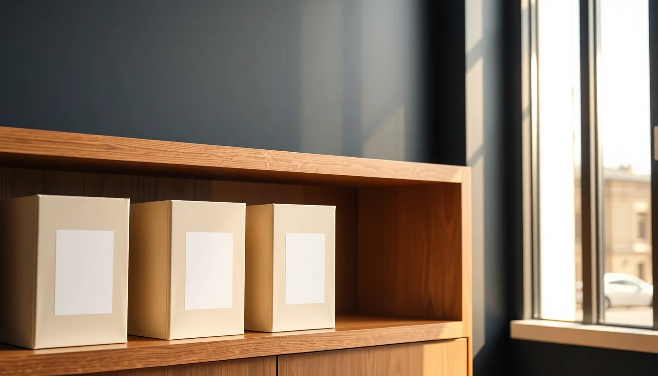A row of plain archive boxes on a walnut shelf in a bright office, representing the US/UK cross border tax preparation process