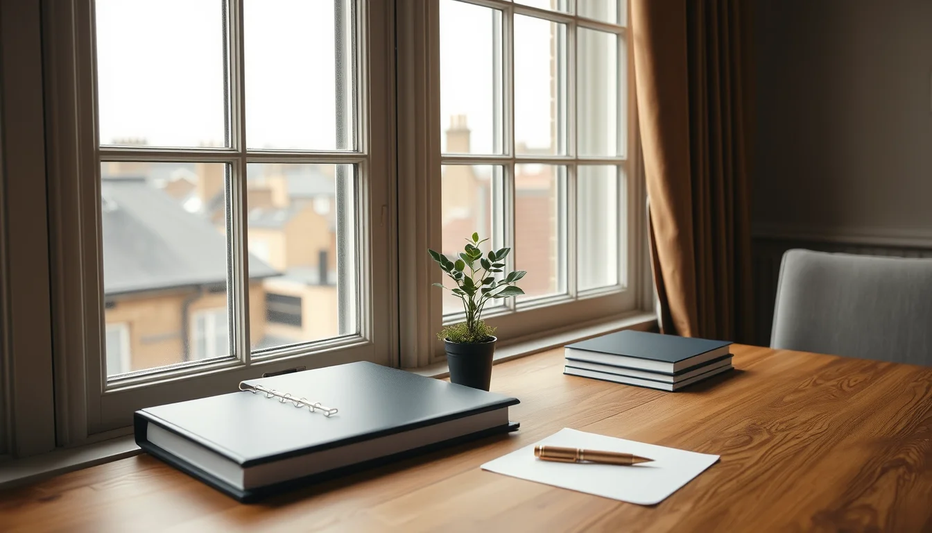 Oak desk by a London window with a navy binder, plant and bronze pen, ready for US/UK cross border tax services onboarding
