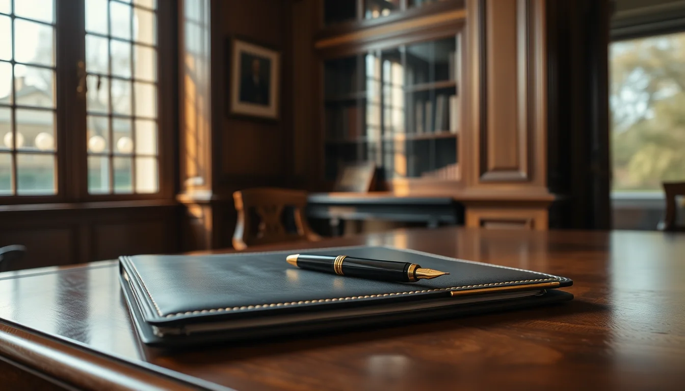 A navy leather folder and fountain pen on a walnut desk in a wood-panelled study, for the US UK estate tax treaty