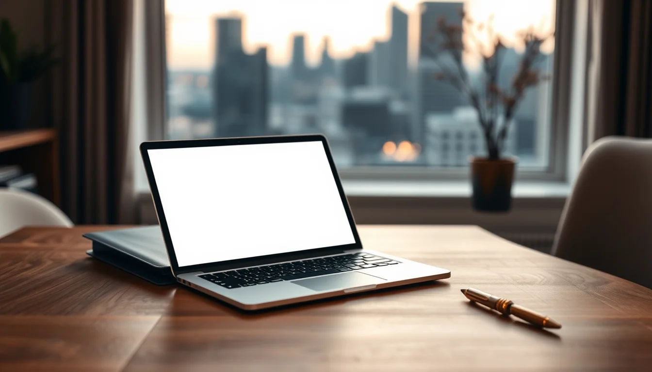 An open laptop and a bronze pen on a walnut desk with a city skyline blurred in the window behind, for a guide to finding a US UK tax accountant near me