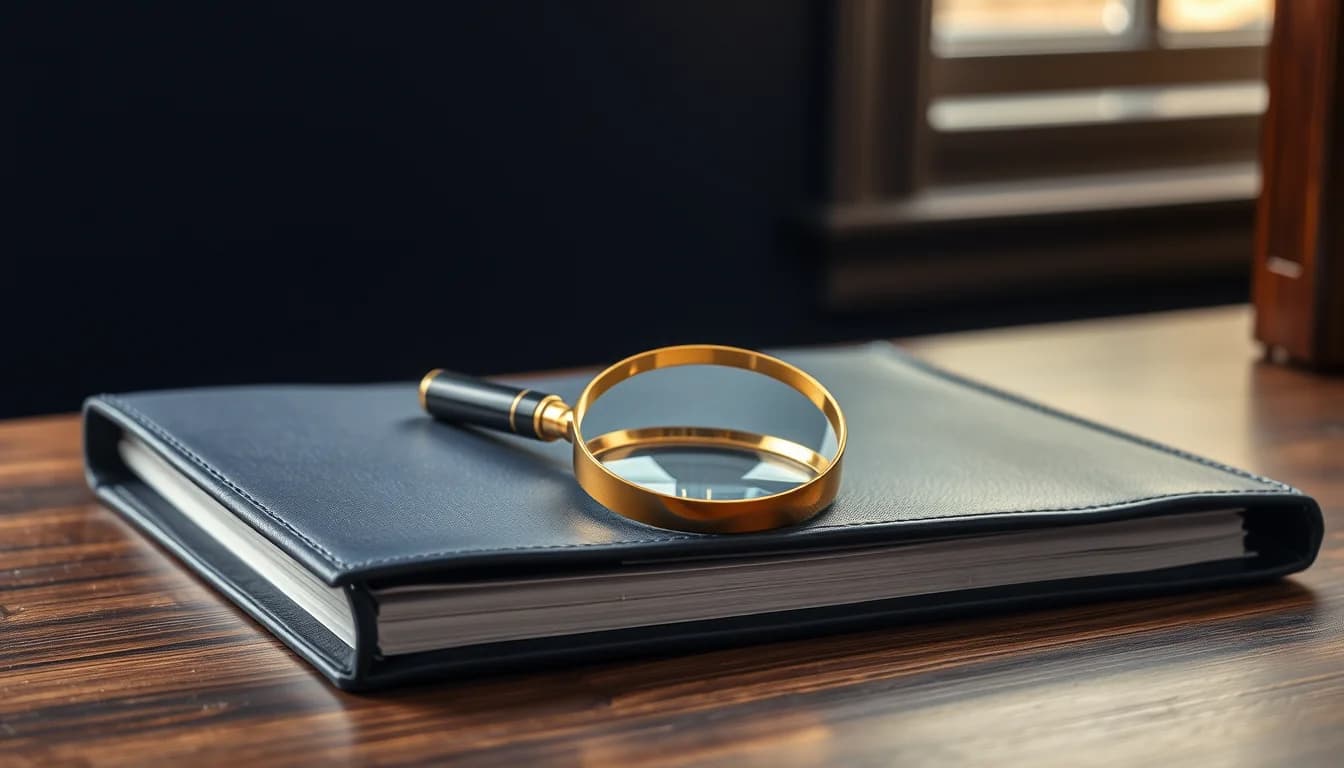 A brass magnifying glass on a closed navy leather binder on a dark desk, for a guide to reading US UK tax accountant reviews