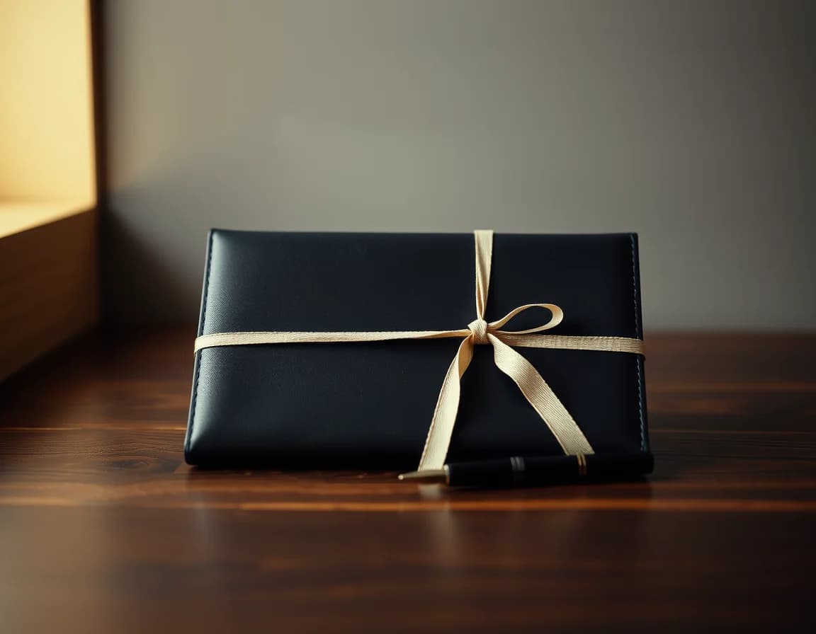 A navy document wallet tied with ribbon beside a pen, illustrating trust and estate tax planning for a US UK family