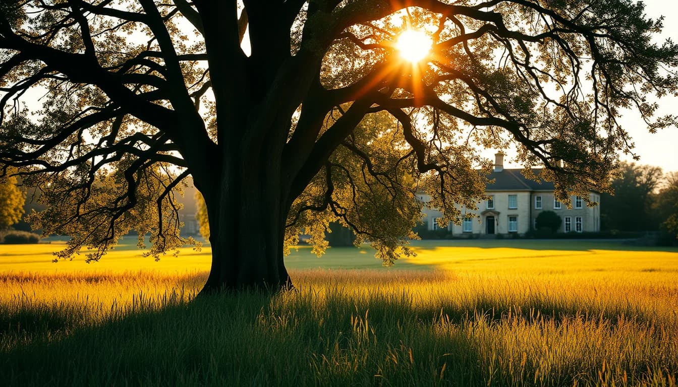 A mature oak tree at sunset with a stone country house behind, illustrating US UK trust and estate tax planning