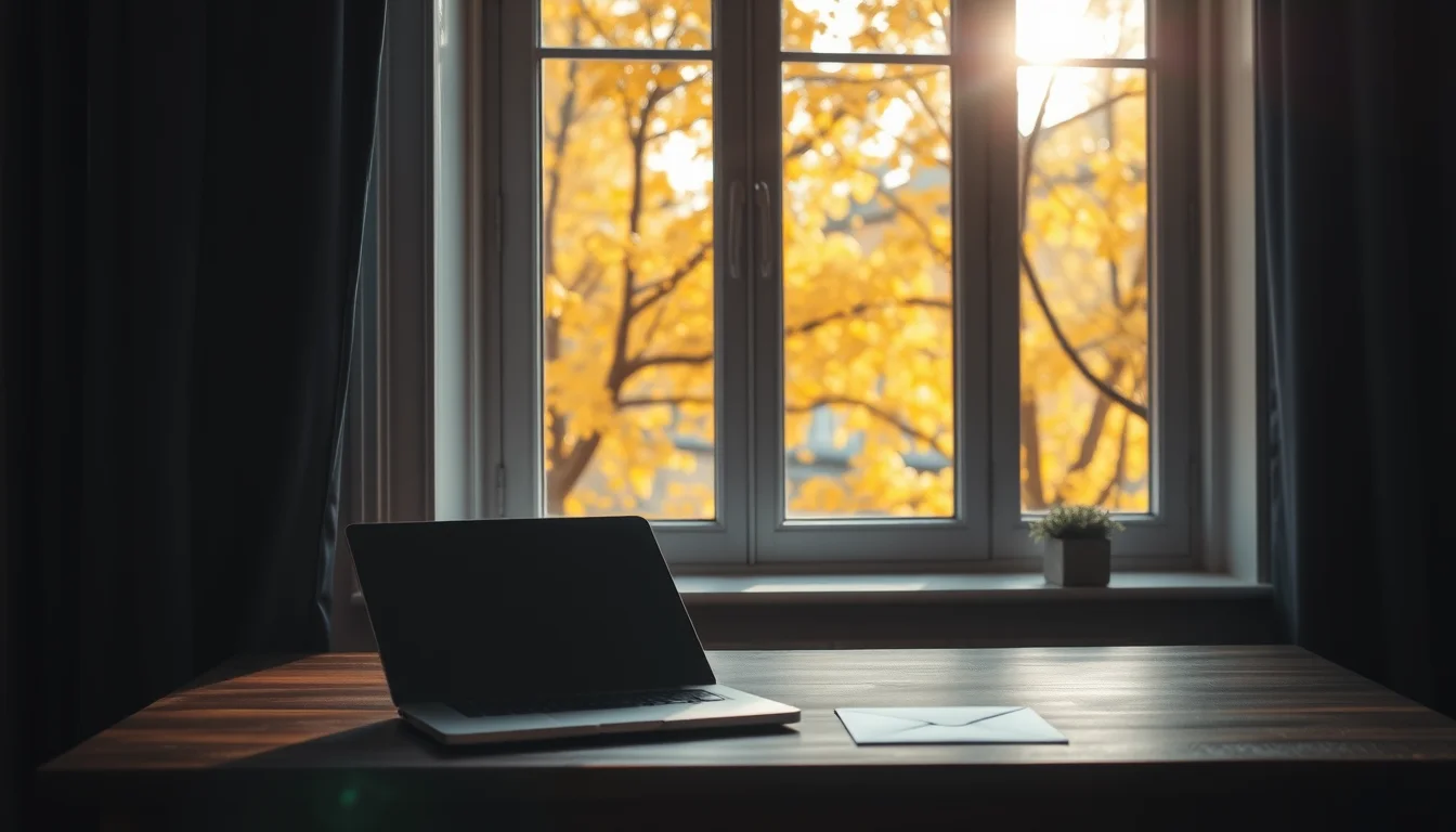 Autumn sunlight through a tall window onto a closed laptop and an envelope on a dark wooden desk, as the October 15 tax deadline for Americans abroad approaches