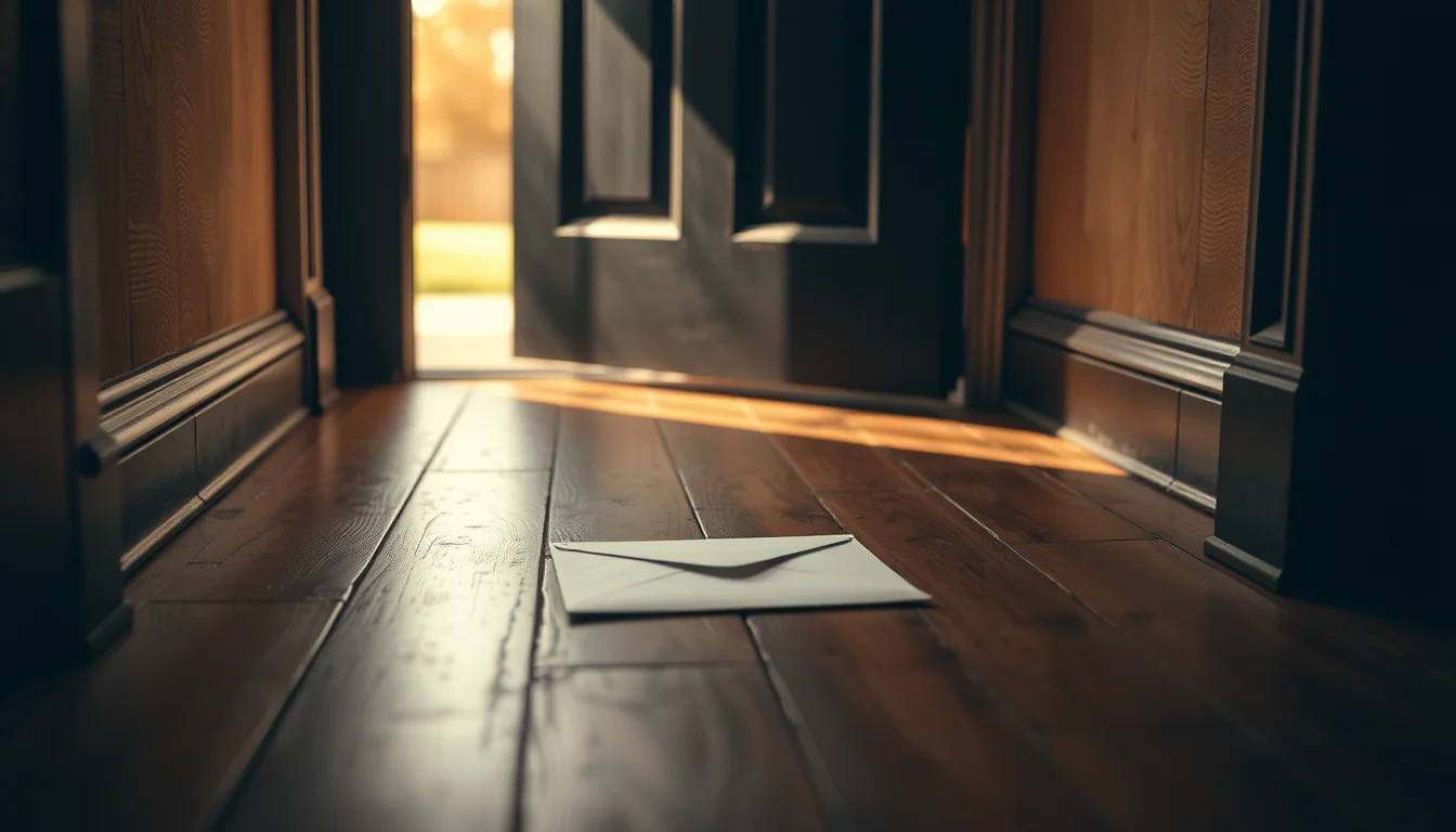 A sealed white envelope on a hallway floor by an open door, for an American abroad who never filed US taxes