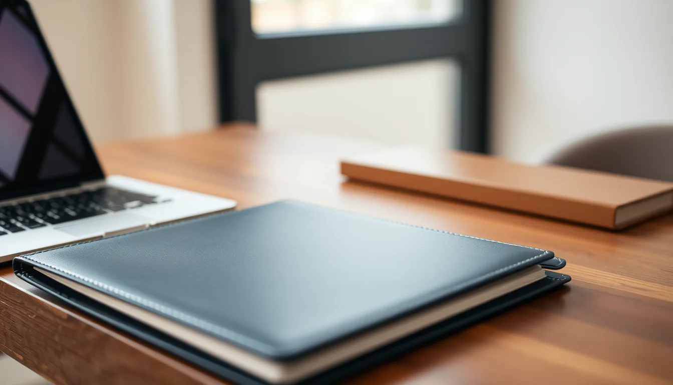 A closed navy leather folder on a wooden desk beside a laptop, illustrating what FBAR reporting means for Americans in the UK