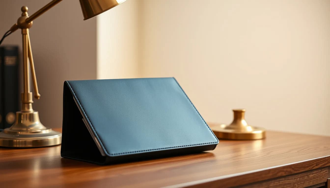 A navy leather folio standing on a wooden desk beside a brass lamp, illustrating when to hire cross border tax specialists for US and UK