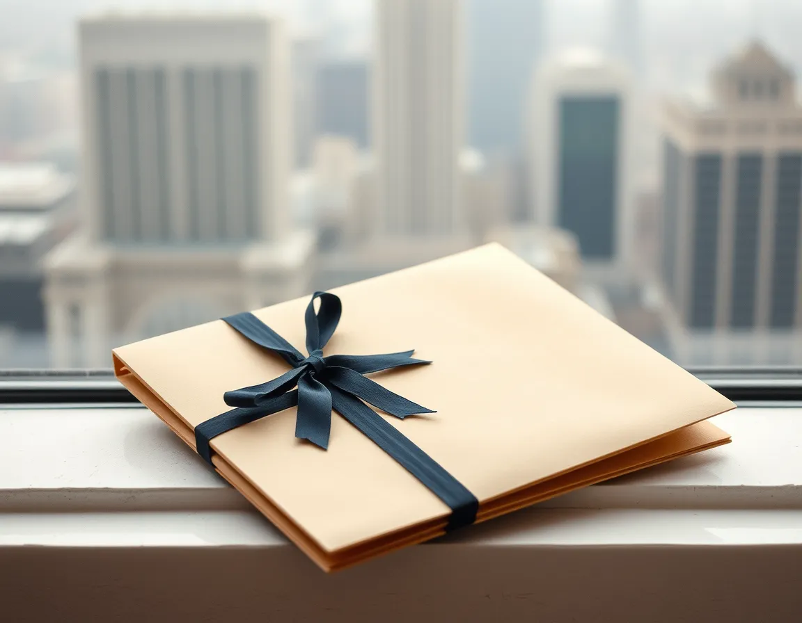 A ribbon-tied folder on a windowsill above a city, representing a Worldwide Disclosure Facility submission to HMRC