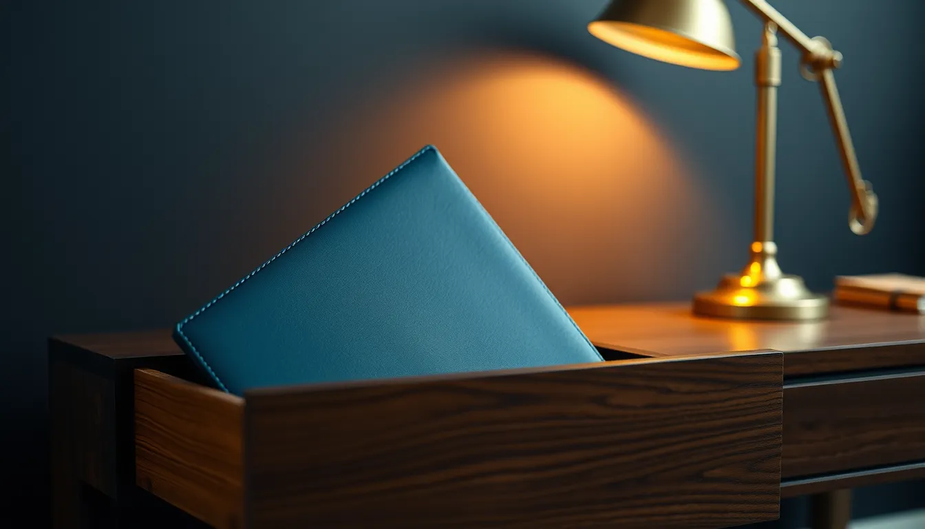 A blue leather folder lifted from a desk drawer under a brass lamp, illustrating the HMRC Worldwide Disclosure Facility