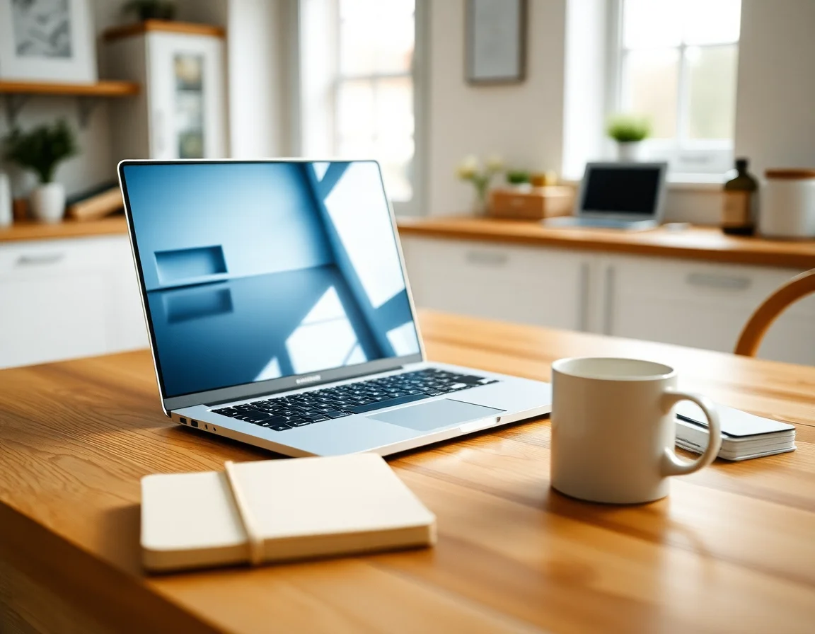 Laptop on a home kitchen table ready for a remote session with accountants for US and UK clients