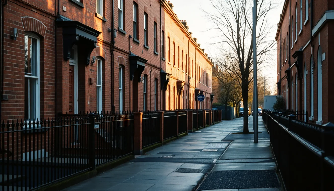 Early morning light on a terrace of red brick London houses, illustrating the tax obligations of Americans living in the UK