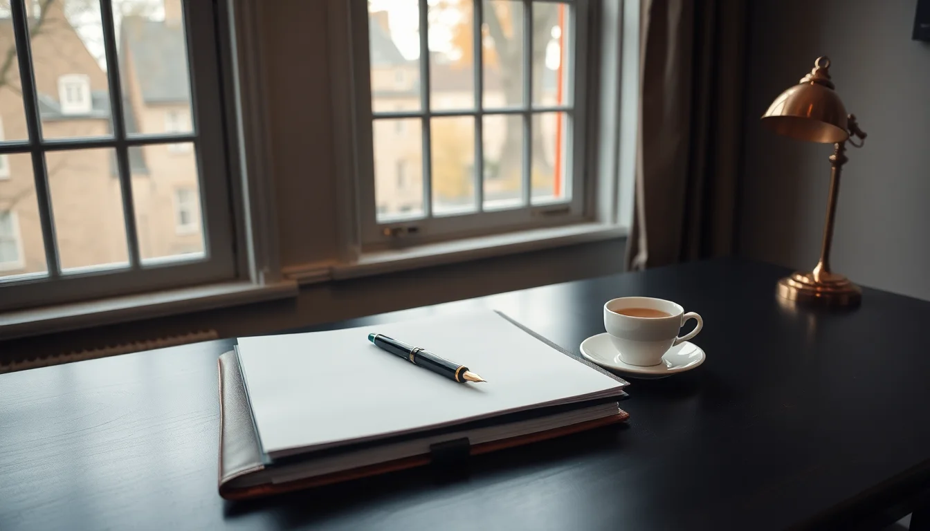 A desk beside a sash window in a London flat with a document folder, fountain pen and blank paper, illustrating UK Self Assessment filing for Americans